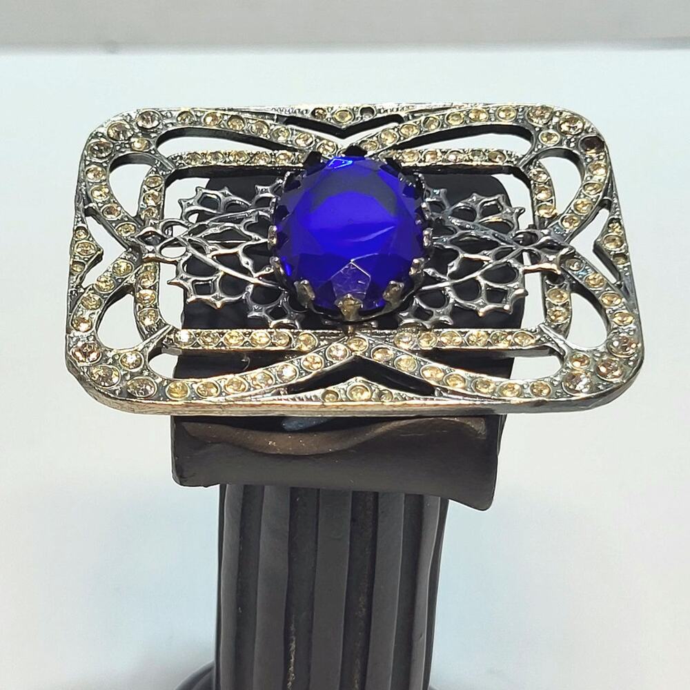 Blue Glass Cabochon Filigree Rhinestone Silvertone Rectangle 2.5 inch Brooch Pin
